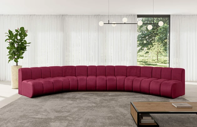 Bezug: Samt, Farbe: Bordeauxrot - Monolith 59, Stellvariante: U-Form, Stoffbeschreibung: MONOLITH: Wasserabweisender und leicht zu reinigender Möbelstoff, scheuerfest (100.000 Martindale-Zyklen) lichtecht (5) und pillingarm (4-5), aus 100 % PES, Gewicht 330 g/m2 ±5 %, Materialzusammensetzung: 100% Polyseter, Pilling Resistenz: 4, Abriebfestigkeit: 5, Scheuerbeständigkeit: 100000 Martindale-Zyklen, Zimmer: Wohnzimmer, Tiefe: 174 cm, Breite: 490 cm, Höhe: 70 cm, Anzahl der Sitzflächen: 7, Sitzfüllung: Wellenfeder, Art der Rückenkissen: Rückenlehne - feste, Tiefe der Sitzfläche: 62 cm, Sitzhöhe: 40 cm, Schlaffunktion: Ohne Schlaffunktion - 1