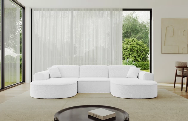 Bezug: Bouclé, Farbe: Weiß - Quelle 01, Stellvariante: U-Form, Stoffbeschreibung: Polsterstoff Quelle: hochwertiger Bouclé Stoff, strapazierfähig, atmungsaktiv und pflegeleicht. (80.000 Martindale-Zyklen) 100 % PES, pillingarm(4-5), Gewicht 315 g/m² ±5 %, Materialzusammensetzung: 100% Polyseter, Pilling Resistenz: 5, Abriebfestigkeit: 5, Scheuerbeständigkeit: 80000 Martindale-Zyklen, Ausstattung: Kissen, Zimmer: Wohnzimmer, Tiefe: 171 cm, Breite: 303 cm, Höhe: 79,5 cm, Anzahl der Sitzflächen: 4, Sitzfüllung: Wellenfeder + HR35 und T30-Schaum, Art der Rückenkissen: Rückenlehne - feste, Annzahl der Sitzkissen: 3, Anzahl der Zierkissen: 2, Breite der Armlehnen: 20 cm, Höhe der Armlehnen: 58 cm, Breite der Ottomane: 109 cm, Tiefe der Ottomane: 151 cm, Tiefe der Sitzfläche: 62 cm, Sitzhöhe: 43,5 cm, Schlaffunktion: Ohne Schlaffunktion - 1