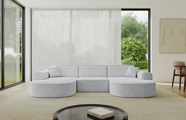 Bezug: Cord, Farbe: Grau - Poso 110, Stellvariante: U-Form, Stoffbeschreibung: POSO ist ein angenehm anzufühlender Velours mit Kordstruktur (35000 MartindaleZyklen) und leicht zu reinigender Möbellstoff, lichtecht (5) und pillingarm (5), Gewicht 380 g/m2 ±5%, Materialzusammensetzung: 90% Polyseter, 10% Nylon, Pilling Resistenz: 5, Abriebfestigkeit: 5, Scheuerbeständigkeit: 30000 Martindale-Zyklen, Ausstattung: Kissen, Zimmer: Wohnzimmer, Tiefe: 171 cm, Breite: 303 cm, Höhe: 79,5 cm, Anzahl der Sitzflächen: 4, Sitzfüllung: Wellenfeder + HR35 und T30-Schaum, Art der Rückenkissen: Rückenlehne - feste, Annzahl der Sitzkissen: 3, Anzahl der Zierkissen: 2, Breite der Armlehnen: 20 cm, Höhe der Armlehnen: 58 cm, Breite der Ottomane: 109 cm, Tiefe der Ottomane: 151 cm, Tiefe der Sitzfläche: 62 cm, Sitzhöhe: 43,5 cm, Schlaffunktion: Ohne Schlaffunktion - 1