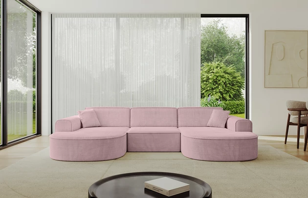 Bezug: Cord, Farbe: Rosa - Poso 145, Stellvariante: U-Form, Stoffbeschreibung: POSO ist ein angenehm anzufühlender Velours mit Kordstruktur (35000 MartindaleZyklen) und leicht zu reinigender Möbellstoff, lichtecht (5) und pillingarm (5), Gewicht 380 g/m2 ±5%, Materialzusammensetzung: 90% Polyseter, 10% Nylon, Pilling Resistenz: 5, Abriebfestigkeit: 5, Scheuerbeständigkeit: 30000 Martindale-Zyklen, Ausstattung: Kissen, Zimmer: Wohnzimmer, Tiefe: 171 cm, Breite: 303 cm, Höhe: 79,5 cm, Anzahl der Sitzflächen: 4, Sitzfüllung: Wellenfeder + HR35 und T30-Schaum, Art der Rückenkissen: Rückenlehne - feste, Annzahl der Sitzkissen: 3, Anzahl der Zierkissen: 2, Breite der Armlehnen: 20 cm, Höhe der Armlehnen: 58 cm, Breite der Ottomane: 109 cm, Tiefe der Ottomane: 151 cm, Tiefe der Sitzfläche: 62 cm, Sitzhöhe: 43,5 cm, Schlaffunktion: Ohne Schlaffunktion - 1