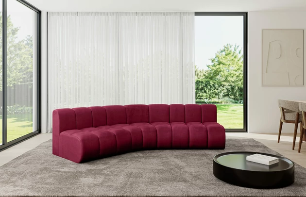 Bezug: Samt, Farbe: Bordeauxrot - Monolith 59, Stellvariante: Abgerundete Ecke, Stoffbeschreibung: MONOLITH: Wasserabweisender und leicht zu reinigender Möbelstoff, scheuerfest (100.000 Martindale-Zyklen) lichtecht (5) und pillingarm (4-5), aus 100 % PES, Gewicht 330 g/m2 ±5 %, Materialzusammensetzung: 100% Polyseter, Pilling Resistenz: 4, Abriebfestigkeit: 5, Scheuerbeständigkeit: 100000 Martindale-Zyklen, Zimmer: Wohnzimmer, Tiefe: 174 cm, Breite: 290 cm, Höhe: 70 cm, Anzahl der Sitzflächen: 5, Sitzfüllung: Wellenfeder, Art der Rückenkissen: Rückenlehne - feste, Tiefe der Sitzfläche: 62 cm, Sitzhöhe: 40 cm, Schlaffunktion: Ohne Schlaffunktion - 1