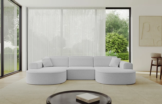 Bezug: Bouclé, Farbe: Hellgrau - Quelle 83, Stellvariante: U-Form, Stoffbeschreibung: Polsterstoff Quelle: hochwertiger Bouclé Stoff, strapazierfähig, atmungsaktiv und pflegeleicht. (80.000 Martindale-Zyklen) 100 % PES, pillingarm(4-5), Gewicht 315 g/m² ±5 %, Materialzusammensetzung: 100% Polyseter, Pilling Resistenz: 5, Abriebfestigkeit: 5, Scheuerbeständigkeit: 80000 Martindale-Zyklen, Ausstattung: Kissen, Zimmer: Wohnzimmer, Tiefe: 171 cm, Breite: 303 cm, Höhe: 79,5 cm, Anzahl der Sitzflächen: 4, Sitzfüllung: Wellenfeder + HR35 und T30-Schaum, Art der Rückenkissen: Rückenlehne - feste, Annzahl der Sitzkissen: 3, Anzahl der Zierkissen: 2, Breite der Armlehnen: 20 cm, Höhe der Armlehnen: 58 cm, Breite der Ottomane: 109 cm, Tiefe der Ottomane: 151 cm, Tiefe der Sitzfläche: 62 cm, Sitzhöhe: 43,5 cm, Schlaffunktion: Ohne Schlaffunktion - 1