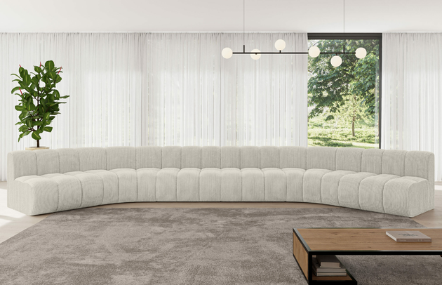 Bezug: Cord, Farbe: Cremeweiß - Poso 100, Stellvariante: U-Form, Stoffbeschreibung: POSO ist ein angenehm anzufühlender Velours mit Kordstruktur (35000 MartindaleZyklen) und leicht zu reinigender Möbellstoff, lichtecht (5) und pillingarm (5), Gewicht 380 g/m2 ±5%, Materialzusammensetzung: 90% Polyseter, 10% Nylon, Pilling Resistenz: 5, Abriebfestigkeit: 5, Scheuerbeständigkeit: 30000 Martindale-Zyklen, Zimmer: Wohnzimmer, Tiefe: 174 cm, Breite: 581 cm, Höhe: 70 cm, Anzahl der Sitzflächen: 8, Sitzfüllung: Wellenfeder, Art der Rückenkissen: Rückenlehne - feste, Tiefe der Sitzfläche: 62 cm, Sitzhöhe: 40 cm, Schlaffunktion: Ohne Schlaffunktion - 1