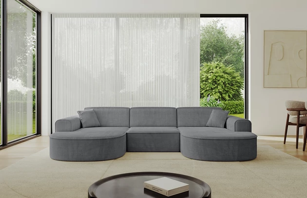 Bezug: Cord, Farbe: Dunkelgrau - Poso 115, Stellvariante: U-Form, Stoffbeschreibung: POSO ist ein angenehm anzufühlender Velours mit Kordstruktur (35000 MartindaleZyklen) und leicht zu reinigender Möbellstoff, lichtecht (5) und pillingarm (5), Gewicht 380 g/m2 ±5%, Materialzusammensetzung: 90% Polyseter, 10% Nylon, Pilling Resistenz: 5, Abriebfestigkeit: 5, Scheuerbeständigkeit: 30000 Martindale-Zyklen, Ausstattung: Kissen, Zimmer: Wohnzimmer, Tiefe: 171 cm, Breite: 303 cm, Höhe: 79,5 cm, Anzahl der Sitzflächen: 4, Sitzfüllung: Wellenfeder + HR35 und T30-Schaum, Art der Rückenkissen: Rückenlehne - feste, Annzahl der Sitzkissen: 3, Anzahl der Zierkissen: 2, Breite der Armlehnen: 20 cm, Höhe der Armlehnen: 58 cm, Breite der Ottomane: 109 cm, Tiefe der Ottomane: 151 cm, Tiefe der Sitzfläche: 62 cm, Sitzhöhe: 43,5 cm, Schlaffunktion: Ohne Schlaffunktion - 1