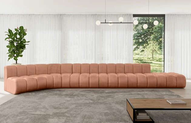 Bezug: Samt, Farbe: Apricot - Monolith 61, Stellvariante: Abgerundete Ecke, Stoffbeschreibung: MONOLITH: Wasserabweisender und leicht zu reinigender Möbelstoff, scheuerfest (100.000 Martindale-Zyklen) lichtecht (5) und pillingarm (4-5), aus 100 % PES, Gewicht 330 g/m2 ±5 %, Materialzusammensetzung: 100% Polyseter, Pilling Resistenz: 4, Abriebfestigkeit: 5, Scheuerbeständigkeit: 100000 Martindale-Zyklen, Zimmer: Wohnzimmer, Tiefe: 174 cm, Breite: 562 cm, Höhe: 70 cm, Anzahl der Sitzflächen: 7, Sitzfüllung: Wellenfeder, Art der Rückenkissen: Rückenlehne - feste, Tiefe der Sitzfläche: 62 cm, Sitzhöhe: 40 cm, Schlaffunktion: Ohne Schlaffunktion - 1