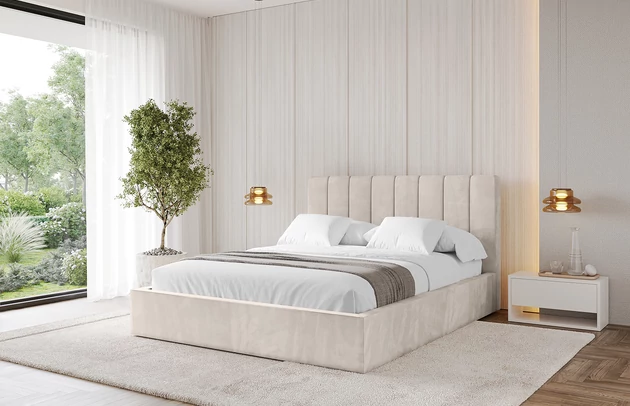 Bezug: Velvet, Farbe: Beige - Casablanca 2301, Stoffbeschreibung: Polsterstoff Casablanca: „Pet-friendly“, leicht zu reinigen (CleanBOO+), wasserabweisend mit Lotuseffekt, scheuerfest (45.000 Martindale- Zyklen), Gewicht 310g/m2 ±5 %, Zimmer: Schlafzimmer, Länge: 215 cm, Breite: 136 cm, Höhe: 105 cm, Größe: 120x200 cm, Länge der Schlaffläche: 200 cm, Breite der Schlaffläche: 120 cm, Liegehöhe: 48 cm, Matratze: Mit H3 / H4 Taschenfederkern Matratze, Höhe der Matratze: 25 cm, Matratzentyp: Taschenfederkernmatratze, Bettkasten: Ja, Anzahl der Bettkasten: 1, Höhe der Bettkasten: 30 cm, Höhe des Kopfteils: 105 cm, Dicke des Kopfteils: 8 cm, Gepolsterte Rückseite: Nein - 1