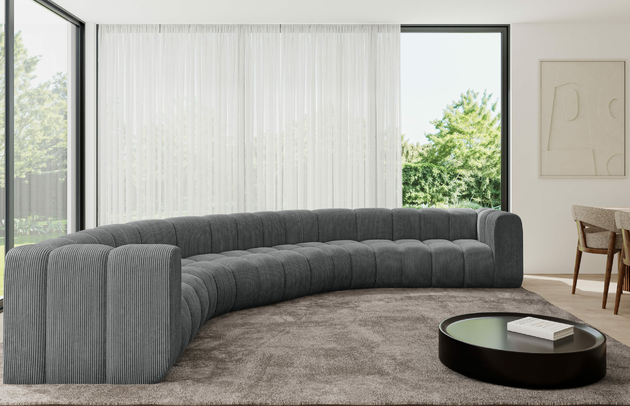 Bezug: Cord, Farbe: Dunkelgrau - Poso 115, Stellvariante: U-Form, Stoffbeschreibung: POSO ist ein angenehm anzufühlender Velours mit Kordstruktur (35000 MartindaleZyklen) und leicht zu reinigender Möbellstoff, lichtecht (5) und pillingarm (5), Gewicht 380 g/m2 ±5%, Materialzusammensetzung: 90% Polyseter, 10% Nylon, Pilling Resistenz: 5, Abriebfestigkeit: 5, Scheuerbeständigkeit: 30000 Martindale-Zyklen, Zimmer: Wohnzimmer, Tiefe: 373 cm, Breite: 373 cm, Höhe: 70 cm, Anzahl der Sitzflächen: 7, Sitzfüllung: Wellenfeder, Art der Rückenkissen: Rückenlehne - feste, Tiefe der Sitzfläche: 62 cm, Sitzhöhe: 40 cm, Schlaffunktion: Ohne Schlaffunktion - 1