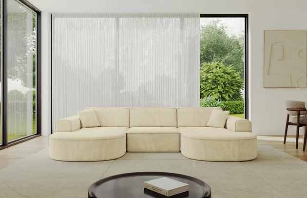 Bezug: Samt, Farbe: Beige - Dream Velvet 202.02, Stellvariante: U-Form, Stoffbeschreibung: Polsterstoff Dream Velvet: Wasserabweisender und leicht zu reinigender Möbelstoff, scheuerfest (30.000 Martindale-Zyklen) lichtecht (6) und pillingarm (4-5), aus 100 % PES, Gewicht 360 g/m2 ±5 %, Materialzusammensetzung: 100% Polyseter, Pilling Resistenz: 4-5, Abriebfestigkeit: 5, Scheuerbeständigkeit: 30000 Martindale-Zyklen, Ausstattung: Kissen, Zimmer: Wohnzimmer, Tiefe: 171 cm, Breite: 303 cm, Höhe: 79,5 cm, Anzahl der Sitzflächen: 4, Sitzfüllung: Wellenfeder + HR35 und T30-Schaum, Art der Rückenkissen: Rückenlehne - feste, Annzahl der Sitzkissen: 3, Anzahl der Zierkissen: 2, Breite der Armlehnen: 20 cm, Höhe der Armlehnen: 58 cm, Breite der Ottomane: 109 cm, Tiefe der Ottomane: 151 cm, Tiefe der Sitzfläche: 62 cm, Sitzhöhe: 43,5 cm, Schlaffunktion: Ohne Schlaffunktion - 1