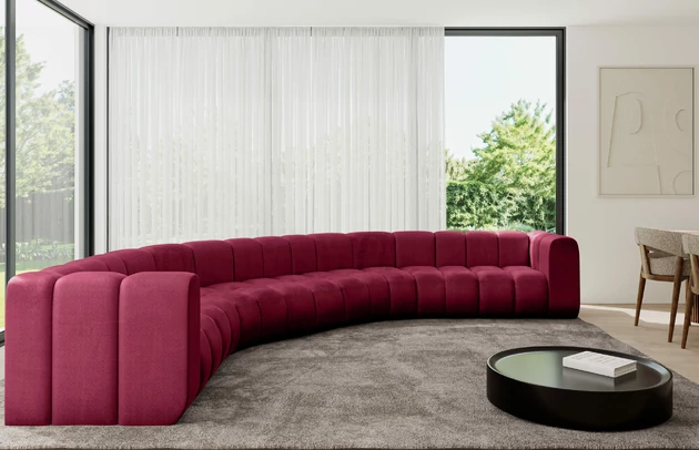 Bezug: Samt, Farbe: Bordeauxrot - Monolith 59, Stellvariante: U-Form, Stoffbeschreibung: MONOLITH: Wasserabweisender und leicht zu reinigender Möbelstoff, scheuerfest (100.000 Martindale-Zyklen) lichtecht (5) und pillingarm (4-5), aus 100 % PES, Gewicht 330 g/m2 ±5 %, Materialzusammensetzung: 100% Polyseter, Pilling Resistenz: 4, Abriebfestigkeit: 5, Scheuerbeständigkeit: 100000 Martindale-Zyklen, Zimmer: Wohnzimmer, Tiefe: 373 cm, Breite: 373 cm, Höhe: 70 cm, Anzahl der Sitzflächen: 7, Sitzfüllung: Wellenfeder, Art der Rückenkissen: Rückenlehne - feste, Tiefe der Sitzfläche: 62 cm, Sitzhöhe: 40 cm, Schlaffunktion: Ohne Schlaffunktion - 1