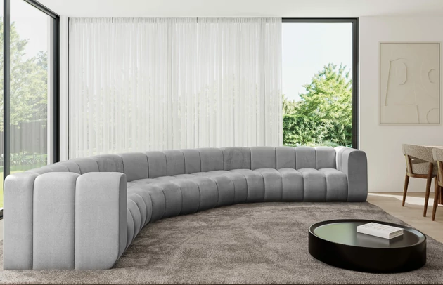 Bezug: Samt, Farbe: Hellgrau - Monolith 84, Stellvariante: U-Form, Stoffbeschreibung: MONOLITH: Wasserabweisender und leicht zu reinigender Möbelstoff, scheuerfest (100.000 Martindale-Zyklen) lichtecht (5) und pillingarm (4-5), aus 100 % PES, Gewicht 330 g/m2 ±5 %, Materialzusammensetzung: 100% Polyseter, Pilling Resistenz: 4, Abriebfestigkeit: 5, Scheuerbeständigkeit: 100000 Martindale-Zyklen, Zimmer: Wohnzimmer, Tiefe: 373 cm, Breite: 373 cm, Höhe: 70 cm, Anzahl der Sitzflächen: 7, Sitzfüllung: Wellenfeder, Art der Rückenkissen: Rückenlehne - feste, Tiefe der Sitzfläche: 62 cm, Sitzhöhe: 40 cm, Schlaffunktion: Ohne Schlaffunktion - 1