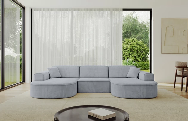 Bezug: Samt, Farbe: Hellgrau - Dream Velvet 202.17, Stellvariante: U-Form, Stoffbeschreibung: Polsterstoff Dream Velvet: Wasserabweisender und leicht zu reinigender Möbelstoff, scheuerfest (30.000 Martindale-Zyklen) lichtecht (6) und pillingarm (4-5), aus 100 % PES, Gewicht 360 g/m2 ±5 %, Materialzusammensetzung: 100% Polyseter, Pilling Resistenz: 4-5, Abriebfestigkeit: 5, Scheuerbeständigkeit: 30000 Martindale-Zyklen, Ausstattung: Kissen, Zimmer: Wohnzimmer, Tiefe: 171 cm, Breite: 303 cm, Höhe: 79,5 cm, Anzahl der Sitzflächen: 4, Sitzfüllung: Wellenfeder + HR35 und T30-Schaum, Art der Rückenkissen: Rückenlehne - feste, Annzahl der Sitzkissen: 3, Anzahl der Zierkissen: 2, Breite der Armlehnen: 20 cm, Höhe der Armlehnen: 58 cm, Breite der Ottomane: 109 cm, Tiefe der Ottomane: 151 cm, Tiefe der Sitzfläche: 62 cm, Sitzhöhe: 43,5 cm, Schlaffunktion: Ohne Schlaffunktion - 1