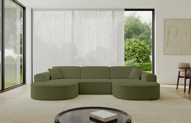 Bezug: Bouclé, Farbe: Grün - Quelle 38, Stellvariante: U-Form, Stoffbeschreibung: Polsterstoff Quelle: hochwertiger Bouclé Stoff, strapazierfähig, atmungsaktiv und pflegeleicht. (80.000 Martindale-Zyklen) 100 % PES, pillingarm(4-5), Gewicht 315 g/m² ±5 %, Materialzusammensetzung: 100% Polyseter, Pilling Resistenz: 5, Abriebfestigkeit: 5, Scheuerbeständigkeit: 80000 Martindale-Zyklen, Ausstattung: Kissen, Zimmer: Wohnzimmer, Tiefe: 171 cm, Breite: 303 cm, Höhe: 79,5 cm, Anzahl der Sitzflächen: 4, Sitzfüllung: Wellenfeder + HR35 und T30-Schaum, Art der Rückenkissen: Rückenlehne - feste, Annzahl der Sitzkissen: 3, Anzahl der Zierkissen: 2, Breite der Armlehnen: 20 cm, Höhe der Armlehnen: 58 cm, Breite der Ottomane: 109 cm, Tiefe der Ottomane: 151 cm, Tiefe der Sitzfläche: 62 cm, Sitzhöhe: 43,5 cm, Schlaffunktion: Ohne Schlaffunktion - 1