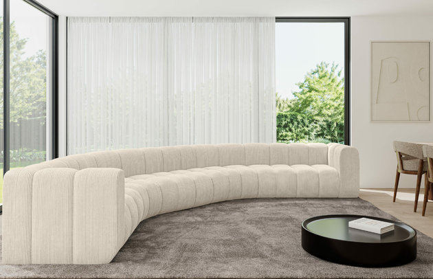 Bezug: Cord, Farbe: Beige - Poso 105, Stellvariante: U-Form, Stoffbeschreibung: POSO ist ein angenehm anzufühlender Velours mit Kordstruktur (35000 MartindaleZyklen) und leicht zu reinigender Möbellstoff, lichtecht (5) und pillingarm (5), Gewicht 380 g/m2 ±5%, Materialzusammensetzung: 90% Polyseter, 10% Nylon, Pilling Resistenz: 5, Abriebfestigkeit: 5, Scheuerbeständigkeit: 30000 Martindale-Zyklen, Zimmer: Wohnzimmer, Tiefe: 373 cm, Breite: 373 cm, Höhe: 70 cm, Anzahl der Sitzflächen: 7, Sitzfüllung: Wellenfeder, Art der Rückenkissen: Rückenlehne - feste, Tiefe der Sitzfläche: 62 cm, Sitzhöhe: 40 cm, Schlaffunktion: Ohne Schlaffunktion - 1