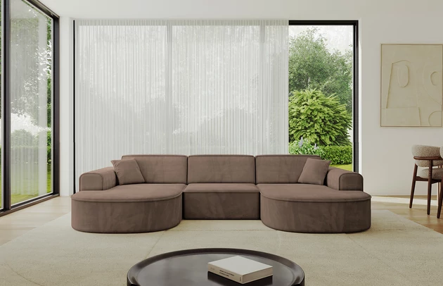 Bezug: Samt, Farbe: Braun - Dream Velvet 202.37, Stellvariante: U-Form, Stoffbeschreibung: Polsterstoff Dream Velvet: Wasserabweisender und leicht zu reinigender Möbelstoff, scheuerfest (30.000 Martindale-Zyklen) lichtecht (6) und pillingarm (4-5), aus 100 % PES, Gewicht 360 g/m2 ±5 %, Materialzusammensetzung: 100% Polyseter, Pilling Resistenz: 4-5, Abriebfestigkeit: 5, Scheuerbeständigkeit: 30000 Martindale-Zyklen, Ausstattung: Kissen, Zimmer: Wohnzimmer, Tiefe: 171 cm, Breite: 303 cm, Höhe: 79,5 cm, Anzahl der Sitzflächen: 4, Sitzfüllung: Wellenfeder + HR35 und T30-Schaum, Art der Rückenkissen: Rückenlehne - feste, Annzahl der Sitzkissen: 3, Anzahl der Zierkissen: 2, Breite der Armlehnen: 20 cm, Höhe der Armlehnen: 58 cm, Breite der Ottomane: 109 cm, Tiefe der Ottomane: 151 cm, Tiefe der Sitzfläche: 62 cm, Sitzhöhe: 43,5 cm, Schlaffunktion: Ohne Schlaffunktion - 1