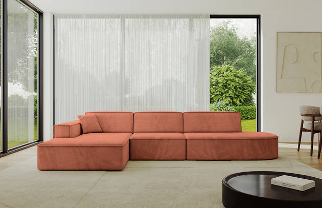 Bezug: Samt, Farbe: Apricot - Dream Velvet 202.07, Stellvariante: Ottomane Links, Stoffbeschreibung: Polsterstoff Dream Velvet: Wasserabweisender und leicht zu reinigender Möbelstoff, scheuerfest (30.000 Martindale-Zyklen) lichtecht (6) und pillingarm (4-5), aus 100 % PES, Gewicht 360 g/m2 ±5 %, Materialzusammensetzung: 100% Polyseter, Pilling Resistenz: 4.maj, Abriebfestigkeit: 5, Scheuerbeständigkeit: 30000 Martindale-Zyklen, Ausstattung: Kissen, Zimmer: Wohnzimmer, Tiefe: 165 cm, Breite: 327 cm, Höhe: 77 cm, Anzahl der Sitzflächen: 4, Sitzfüllung: Wellenfeder + T30-Schaum, Art der Rückenkissen: Rückenlehne - feste, Annzahl der Sitzkissen: 3, Anzahl der Zierkissen: 1, Breite der Armlehnen: 25 cm, Höhe der Armlehnen: 58 cm, Breite der Ottomane: 108 cm, Tiefe der Ottomane: 143 cm, Tiefe der Sitzfläche: 62 cm, Sitzhöhe: 41 cm, Schlaffunktion: Ohne Schlaffunktion - 1