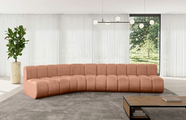 Bezug: Samt, Farbe: Apricot - Monolith 61, Stellvariante: Abgerundete Ecke, Stoffbeschreibung: MONOLITH: Wasserabweisender und leicht zu reinigender Möbelstoff, scheuerfest (100.000 Martindale-Zyklen) lichtecht (5) und pillingarm (4-5), aus 100 % PES, Gewicht 330 g/m2 ±5 %, Materialzusammensetzung: 100% Polyseter, Pilling Resistenz: 4, Abriebfestigkeit: 5, Scheuerbeständigkeit: 100000 Martindale-Zyklen, Zimmer: Wohnzimmer, Tiefe: 174 cm, Breite: 381 cm, Höhe: 70 cm, Anzahl der Sitzflächen: 6, Sitzfüllung: Wellenfeder, Art der Rückenkissen: Rückenlehne - feste, Tiefe der Sitzfläche: 62 cm, Sitzhöhe: 40 cm, Schlaffunktion: Ohne Schlaffunktion - 1