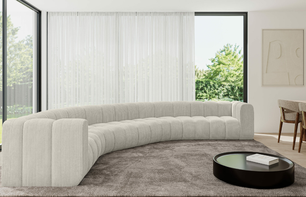 Bezug: Cord, Farbe: Cremeweiß - Poso 100, Stellvariante: U-Form, Stoffbeschreibung: POSO ist ein angenehm anzufühlender Velours mit Kordstruktur (35000 MartindaleZyklen) und leicht zu reinigender Möbellstoff, lichtecht (5) und pillingarm (5), Gewicht 380 g/m2 ±5%, Materialzusammensetzung: 90% Polyseter, 10% Nylon, Pilling Resistenz: 5, Abriebfestigkeit: 5, Scheuerbeständigkeit: 30000 Martindale-Zyklen, Zimmer: Wohnzimmer, Tiefe: 373 cm, Breite: 373 cm, Höhe: 70 cm, Anzahl der Sitzflächen: 7, Sitzfüllung: Wellenfeder, Art der Rückenkissen: Rückenlehne - feste, Tiefe der Sitzfläche: 62 cm, Sitzhöhe: 40 cm, Schlaffunktion: Ohne Schlaffunktion - 1