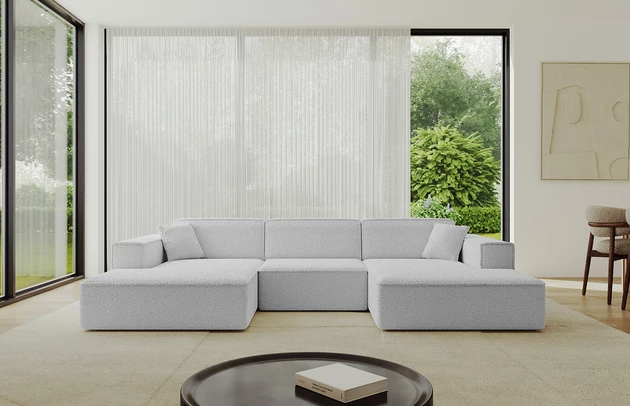 Bezug: Bouclé, Farbe: Hellgrau - Quelle 83, Stellvariante: U-Form, Stoffbeschreibung: Polsterstoff Quelle: hochwertiger Bouclé Stoff, strapazierfähig, atmungsaktiv und pflegeleicht. (80.000 Martindale-Zyklen) 100 % PES, pillingarm(4-5), Gewicht 315 g/m? ±5 %, Materialzusammensetzung: 100% Polyseter, Pilling Resistenz: 5, Abriebfestigkeit: 5, Scheuerbeständigkeit: 80000, Ausstattung: Kissen, Zimmer: Wohnzimmer, Tiefe: 165 cm, Breite: 301 cm, Höhe: 80 cm, Anzahl der Sitzflächen: 4, Sitzfüllung: Wellenfeder + T30-Schaum, Art der Rückenkissen: Rückenlehne - feste, Annzahl der Sitzkissen: 3, Anzahl der Zierkissen: 2, Breite der Armlehnen: 25 cm, Höhe der Armlehnen: 58 cm, Breite der Ottomane: 108 cm, Tiefe der Ottomane: 143 cm, Tiefe der Sitzfläche: 62 cm, Sitzhöhe: 44 cm, Schlaffunktion: Ohne Schlaffunktion - 1