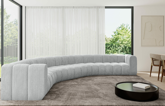 Bezug: Cord, Farbe: Grau - Poso 110, Stellvariante: U-Form, Stoffbeschreibung: POSO ist ein angenehm anzufühlender Velours mit Kordstruktur (35000 MartindaleZyklen) und leicht zu reinigender Möbellstoff, lichtecht (5) und pillingarm (5), Gewicht 380 g/m2 ±5%, Materialzusammensetzung: 90% Polyseter, 10% Nylon, Pilling Resistenz: 5, Abriebfestigkeit: 5, Scheuerbeständigkeit: 30000 Martindale-Zyklen, Zimmer: Wohnzimmer, Tiefe: 373 cm, Breite: 373 cm, Höhe: 70 cm, Anzahl der Sitzflächen: 7, Sitzfüllung: Wellenfeder, Art der Rückenkissen: Rückenlehne - feste, Tiefe der Sitzfläche: 62 cm, Sitzhöhe: 40 cm, Schlaffunktion: Ohne Schlaffunktion - 1