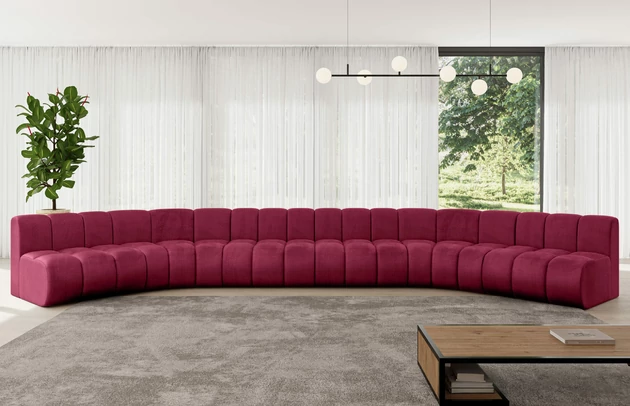 Bezug: Samt, Farbe: Bordeauxrot - Monolith 59, Stellvariante: U-Form, Stoffbeschreibung: MONOLITH: Wasserabweisender und leicht zu reinigender Möbelstoff, scheuerfest (100.000 Martindale-Zyklen) lichtecht (5) und pillingarm (4-5), aus 100 % PES, Gewicht 330 g/m2 ±5 %, Materialzusammensetzung: 100% Polyseter, Pilling Resistenz: 4, Abriebfestigkeit: 5, Scheuerbeständigkeit: 100000 Martindale-Zyklen, Zimmer: Wohnzimmer, Tiefe: 174 cm, Breite: 581 cm, Höhe: 70 cm, Anzahl der Sitzflächen: 8, Sitzfüllung: Wellenfeder, Art der Rückenkissen: Rückenlehne - feste, Tiefe der Sitzfläche: 62 cm, Sitzhöhe: 40 cm, Schlaffunktion: Ohne Schlaffunktion - 1