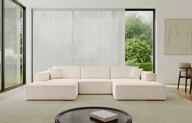 Bezug: Cord, Farbe: Beige - Poso 105, Stellvariante: U-Form, Stoffbeschreibung: POSO ist ein angenehm anzufühlender Velours mit Kordstruktur (35000 MartindaleZyklen) und leicht zu reinigender Möbellstoff, lichtecht (5) und pillingarm (5), Gewicht 380 g/m2 ±5%, Materialzusammensetzung: 90% Polyseter, 10% Nylon, Pilling Resistenz: 5, Abriebfestigkeit: 5, Scheuerbeständigkeit: 30000, Ausstattung: Kissen, Zimmer: Wohnzimmer, Tiefe: 165 cm, Breite: 301 cm, Höhe: 80 cm, Anzahl der Sitzflächen: 4, Sitzfüllung: Wellenfeder + T30-Schaum, Art der Rückenkissen: Rückenlehne - feste, Annzahl der Sitzkissen: 3, Anzahl der Zierkissen: 2, Breite der Armlehnen: 25 cm, Höhe der Armlehnen: 58 cm, Breite der Ottomane: 108 cm, Tiefe der Ottomane: 143 cm, Tiefe der Sitzfläche: 62 cm, Sitzhöhe: 44 cm, Schlaffunktion: Ohne Schlaffunktion - 1