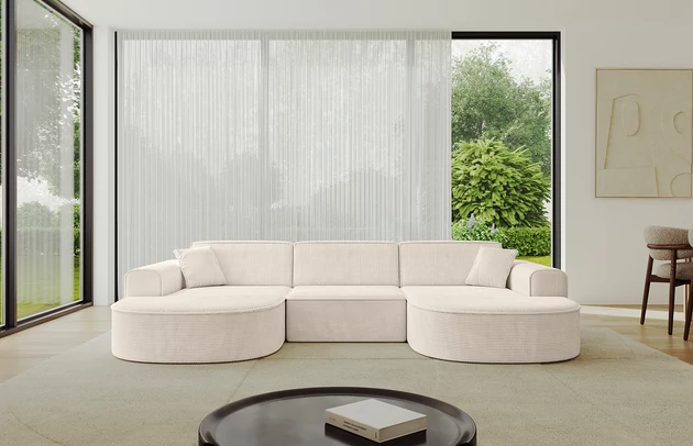 Bezug: Cord, Farbe: Beige - Poso 105, Stellvariante: U-Form, Stoffbeschreibung: POSO ist ein angenehm anzufühlender Velours mit Kordstruktur (35000 MartindaleZyklen) und leicht zu reinigender Möbellstoff, lichtecht (5) und pillingarm (5), Gewicht 380 g/m2 ±5%, Materialzusammensetzung: 90% Polyseter, 10% Nylon, Pilling Resistenz: 5, Abriebfestigkeit: 5, Scheuerbeständigkeit: 30000 Martindale-Zyklen, Ausstattung: Kissen, Zimmer: Wohnzimmer, Tiefe: 171 cm, Breite: 303 cm, Höhe: 79,5 cm, Anzahl der Sitzflächen: 4, Sitzfüllung: Wellenfeder + HR35 und T30-Schaum, Art der Rückenkissen: Rückenlehne - feste, Annzahl der Sitzkissen: 3, Anzahl der Zierkissen: 2, Breite der Armlehnen: 20 cm, Höhe der Armlehnen: 58 cm, Breite der Ottomane: 109 cm, Tiefe der Ottomane: 151 cm, Tiefe der Sitzfläche: 62 cm, Sitzhöhe: 43,5 cm, Schlaffunktion: Ohne Schlaffunktion - 1