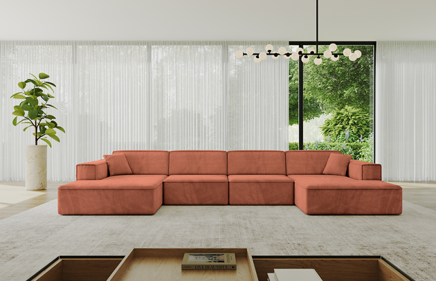 Bezug: Samt, Farbe: Apricot - Dream Velvet 202.07, Stellvariante: U-Form, Stoffbeschreibung: Polsterstoff Dream Velvet: Wasserabweisender und leicht zu reinigender Möbelstoff, scheuerfest (30.000 Martindale-Zyklen) lichtecht (6) und pillingarm (4-5), aus 100 % PES, Gewicht 360 g/m2 ±5 %, Materialzusammensetzung: 100% Polyseter, Pilling Resistenz: 4.maj, Abriebfestigkeit: 5, Scheuerbeständigkeit: 30000 Martindale-Zyklen, Ausstattung: Kissen, Zimmer: Wohnzimmer, Tiefe: 165 cm, Breite: 386 cm, Höhe: 77 cm, Anzahl der Sitzflächen: 6, Sitzfüllung: Wellenfeder + T30-Schaum, Art der Rückenkissen: Rückenlehne - feste, Annzahl der Sitzkissen: 4, Anzahl der Zierkissen: 2, Breite der Armlehnen: 25 cm, Höhe der Armlehnen: 58 cm, Breite der Ottomane: 108 cm, Tiefe der Ottomane: 143 cm, Tiefe der Sitzfläche: 62 cm, Sitzhöhe: 41 cm, Schlaffunktion: Ohne Schlaffunktion - 1