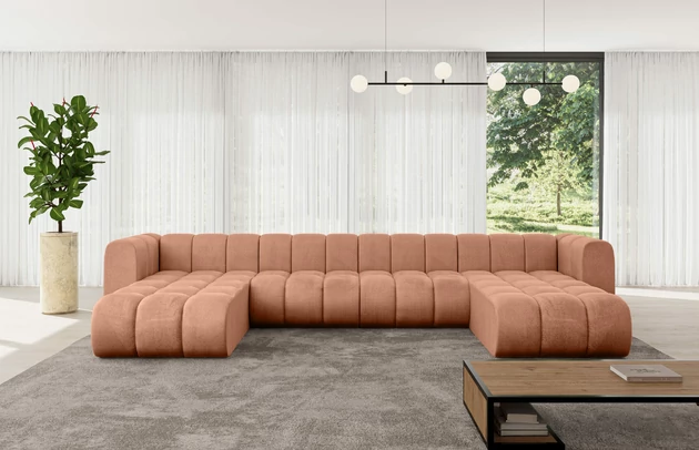 Bezug: Samt, Farbe: Apricot - Monolith 61, Stellvariante: U-Form, Stoffbeschreibung: MONOLITH: Wasserabweisender und leicht zu reinigender Möbelstoff, scheuerfest (100.000 Martindale-Zyklen) lichtecht (5) und pillingarm (4-5), aus 100 % PES, Gewicht 330 g/m2 ±5 %, Materialzusammensetzung: 100% Polyseter, Pilling Resistenz: 4, Abriebfestigkeit: 5, Scheuerbeständigkeit: 100000 Martindale-Zyklen, Zimmer: Wohnzimmer, Tiefe: 177 cm, Breite: 410 cm, Höhe: 70 cm, Anzahl der Sitzflächen: 5, Sitzfüllung: Wellenfeder, Art der Rückenkissen: Rückenlehne - feste, Breite der Ottomane: 87 cm, Tiefe der Ottomane: 90 cm, Tiefe der Sitzfläche: 62 cm, Sitzhöhe: 40 cm, Schlaffunktion: Ohne Schlaffunktion - 1
