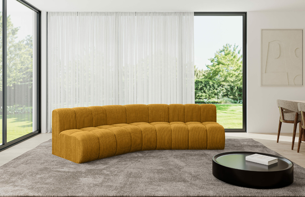 Bezug: Cord, Farbe: Senfgelb - Poso 42, Stellvariante: Abgerundete Ecke, Stoffbeschreibung: POSO ist ein angenehm anzufühlender Velours mit Kordstruktur (35000 MartindaleZyklen) und leicht zu reinigender Möbellstoff, lichtecht (5) und pillingarm (5), Gewicht 380 g/m2 ±5%, Materialzusammensetzung: 90% Polyseter, 10% Nylon, Pilling Resistenz: 5, Abriebfestigkeit: 5, Scheuerbeständigkeit: 30000 Martindale-Zyklen, Zimmer: Wohnzimmer, Tiefe: 174 cm, Breite: 290 cm, Höhe: 70 cm, Anzahl der Sitzflächen: 5, Sitzfüllung: Wellenfeder, Art der Rückenkissen: Rückenlehne - feste, Tiefe der Sitzfläche: 62 cm, Sitzhöhe: 40 cm, Schlaffunktion: Ohne Schlaffunktion - 1