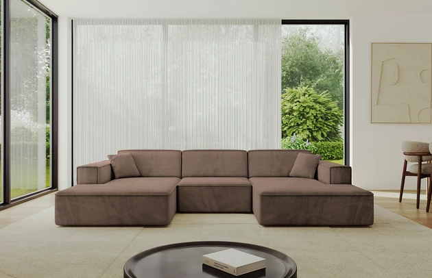 Bezug: Samt, Farbe: Braun - Dream Velvet 202.37, Stellvariante: U-Form, Stoffbeschreibung: Polsterstoff Dream Velvet: Wasserabweisender und leicht zu reinigender Möbelstoff, scheuerfest (30.000 Martindale-Zyklen) lichtecht (6) und pillingarm (4-5), aus 100 % PES, Gewicht 360 g/m2 ±5 %, Materialzusammensetzung: 100% Polyseter, Pilling Resistenz: 4.maj, Abriebfestigkeit: 5, Scheuerbeständigkeit: 30000 Martindale-Zyklen, Ausstattung: Kissen, Zimmer: Wohnzimmer, Tiefe: 165 cm, Breite: 301 cm, Höhe: 80 cm, Anzahl der Sitzflächen: 4, Sitzfüllung: Wellenfeder + T30-Schaum, Art der Rückenkissen: Rückenlehne - feste, Annzahl der Sitzkissen: 3, Anzahl der Zierkissen: 2, Breite der Armlehnen: 25 cm, Höhe der Armlehnen: 58 cm, Breite der Ottomane: 108 cm, Tiefe der Ottomane: 143 cm, Tiefe der Sitzfläche: 62 cm, Sitzhöhe: 44 cm, Schlaffunktion: Ohne Schlaffunktion - 1