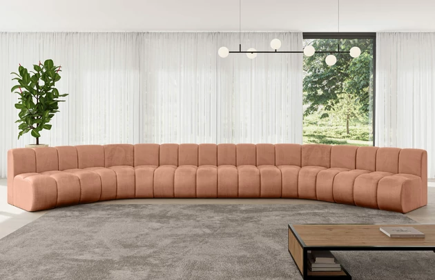 Bezug: Samt, Farbe: Apricot - Monolith 61, Stellvariante: U-Form, Stoffbeschreibung: MONOLITH: Wasserabweisender und leicht zu reinigender Möbelstoff, scheuerfest (100.000 Martindale-Zyklen) lichtecht (5) und pillingarm (4-5), aus 100 % PES, Gewicht 330 g/m2 ±5 %, Materialzusammensetzung: 100% Polyseter, Pilling Resistenz: 4, Abriebfestigkeit: 5, Scheuerbeständigkeit: 100000 Martindale-Zyklen, Zimmer: Wohnzimmer, Tiefe: 174 cm, Breite: 581 cm, Höhe: 70 cm, Anzahl der Sitzflächen: 8, Sitzfüllung: Wellenfeder, Art der Rückenkissen: Rückenlehne - feste, Tiefe der Sitzfläche: 62 cm, Sitzhöhe: 40 cm, Schlaffunktion: Ohne Schlaffunktion - 1