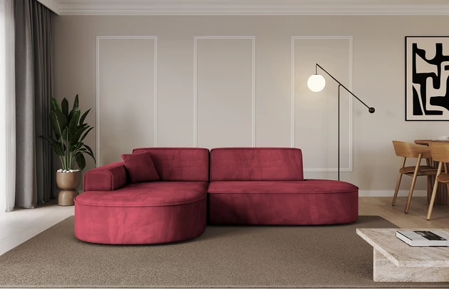 Bezug: Samt, Farbe: Bordeauxrot - Dream Velvet 202.11, Stellvariante: Ottomane Links, Stoffbeschreibung: Polsterstoff Dream Velvet: Wasserabweisender und leicht zu reinigender Möbelstoff, scheuerfest (30.000 Martindale-Zyklen) lichtecht (6) und pillingarm (4-5), aus 100 % PES, Gewicht 360 g/m2 ±5 %, Materialzusammensetzung: 100% Polyseter, Pilling Resistenz: 4-5, Abriebfestigkeit: 5, Scheuerbeständigkeit: 30000 Martindale-Zyklen, Ausstattung: Kissen, Zimmer: Wohnzimmer, Tiefe: 171 cm, Breite: 243 cm, Höhe: 79,5 cm, Anzahl der Sitzflächen: 3, Sitzfüllung: Wellenfeder + HR35 und T30-Schaum, Art der Rückenkissen: Rückenlehne - feste, Annzahl der Sitzkissen: 2, Anzahl der Zierkissen: 1, Breite der Armlehnen: 20 cm, Höhe der Armlehnen: 58 cm, Breite der Ottomane: 109 cm, Tiefe der Ottomane: 151 cm, Tiefe der Sitzfläche: 62 cm, Sitzhöhe: 43,5 cm, Schlaffunktion: Ohne Schlaffunktion - 1