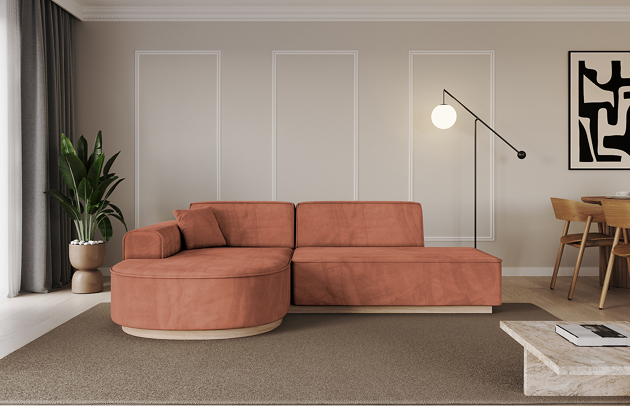 Bezug: Samt, Farbe: Apricot - Dream Velvet 202.07, Stellvariante: Ottomane Links, Stoffbeschreibung: Polsterstoff Dream Velvet: Wasserabweisender und leicht zu reinigender Möbelstoff, scheuerfest (30.000 Martindale-Zyklen) lichtecht (6) und pillingarm (4-5), aus 100 % PES, Gewicht 360 g/m2 ±5 %, Materialzusammensetzung: 100% Polyseter, Pilling Resistenz: 4, Abriebfestigkeit: 5, Scheuerbeständigkeit: 100000 Martindale-Zyklen, Zimmer: Wohnzimmer, Tiefe: 171 cm, Breite: 243 cm, Höhe: 83 cm, Anzahl der Sitzflächen: 4, Sitzfüllung: Wellenfeder + HR35 und T30-Schaum, Art der Rückenkissen: Rückenlehne - feste, Annzahl der Sitzkissen: 2, Anzahl der Zierkissen: 1, Tiefe der Armlehnen: 82 cm, Breite der Armlehnen: 20 cm, Höhe der Armlehnen: 58 cm, Breite der Ottomane: 109 cm, Tiefe der Ottomane: 151 cm, Tiefe der Sitzfläche: 62 cm, Sitzhöhe: 47 cm, Schlaffunktion: Ohne Schlaffunktion - 1