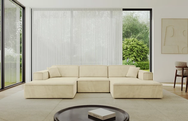 Bezug: Samt, Farbe: Beige - Dream Velvet 202.02, Stellvariante: U-Form, Stoffbeschreibung: Polsterstoff Dream Velvet: Wasserabweisender und leicht zu reinigender Möbelstoff, scheuerfest (30.000 Martindale-Zyklen) lichtecht (6) und pillingarm (4-5), aus 100 % PES, Gewicht 360 g/m2 ±5 %, Materialzusammensetzung: 100% Polyseter, Pilling Resistenz: 4.maj, Abriebfestigkeit: 5, Scheuerbeständigkeit: 30000 Martindale-Zyklen, Ausstattung: Kissen, Zimmer: Wohnzimmer, Tiefe: 165 cm, Breite: 301 cm, Höhe: 80 cm, Anzahl der Sitzflächen: 4, Sitzfüllung: Wellenfeder + T30-Schaum, Art der Rückenkissen: Rückenlehne - feste, Annzahl der Sitzkissen: 3, Anzahl der Zierkissen: 2, Breite der Armlehnen: 25 cm, Höhe der Armlehnen: 58 cm, Breite der Ottomane: 108 cm, Tiefe der Ottomane: 143 cm, Tiefe der Sitzfläche: 62 cm, Sitzhöhe: 44 cm, Schlaffunktion: Ohne Schlaffunktion - 1