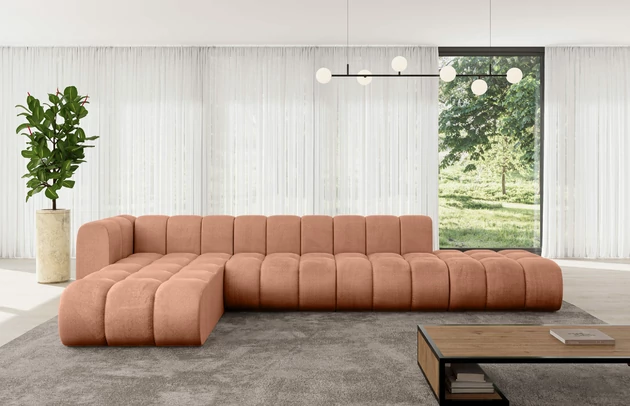 Bezug: Samt, Farbe: Apricot - Monolith 61, Stellvariante: Ottomane Links, Stoffbeschreibung: MONOLITH: Wasserabweisender und leicht zu reinigender Möbelstoff, scheuerfest (100.000 Martindale-Zyklen) lichtecht (5) und pillingarm (4-5), aus 100 % PES, Gewicht 330 g/m2 ±5 %, Materialzusammensetzung: 100% Polyseter, Pilling Resistenz: 4, Abriebfestigkeit: 5, Scheuerbeständigkeit: 100000 Martindale-Zyklen, Zimmer: Wohnzimmer, Tiefe: 177 cm, Breite: 387 cm, Höhe: 70 cm, Anzahl der Sitzflächen: 6, Sitzfüllung: Wellenfeder, Art der Rückenkissen: Rückenlehne - feste, Breite der Ottomane: 87 cm, Tiefe der Ottomane: 90 cm, Tiefe der Sitzfläche: 62 cm, Sitzhöhe: 40 cm, Schlaffunktion: Ohne Schlaffunktion - 1