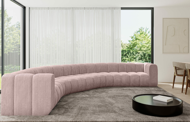 Bezug: Cord, Farbe: Rosa - Poso 145, Stellvariante: U-Form, Stoffbeschreibung: POSO ist ein angenehm anzufühlender Velours mit Kordstruktur (35000 MartindaleZyklen) und leicht zu reinigender Möbellstoff, lichtecht (5) und pillingarm (5), Gewicht 380 g/m2 ±5%, Materialzusammensetzung: 90% Polyseter, 10% Nylon, Pilling Resistenz: 5, Abriebfestigkeit: 5, Scheuerbeständigkeit: 30000 Martindale-Zyklen, Zimmer: Wohnzimmer, Tiefe: 373 cm, Breite: 373 cm, Höhe: 70 cm, Anzahl der Sitzflächen: 7, Sitzfüllung: Wellenfeder, Art der Rückenkissen: Rückenlehne - feste, Tiefe der Sitzfläche: 62 cm, Sitzhöhe: 40 cm, Schlaffunktion: Ohne Schlaffunktion - 1