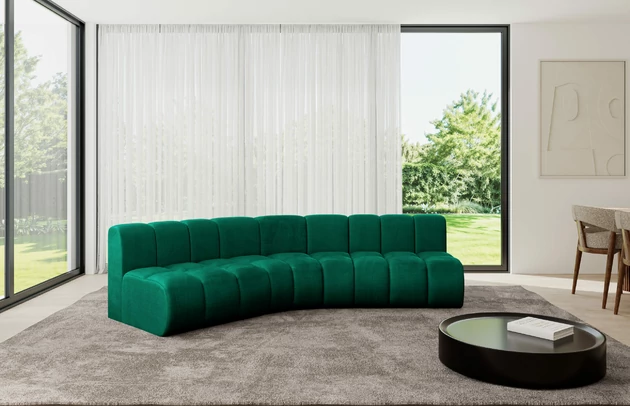 Bezug: Samt, Farbe: Dunkelgrün - Monolith 37, Stellvariante: Abgerundete Ecke, Stoffbeschreibung: MONOLITH: Wasserabweisender und leicht zu reinigender Möbelstoff, scheuerfest (100.000 Martindale-Zyklen) lichtecht (5) und pillingarm (4-5), aus 100 % PES, Gewicht 330 g/m2 ±5 %, Materialzusammensetzung: 100% Polyseter, Pilling Resistenz: 4, Abriebfestigkeit: 5, Scheuerbeständigkeit: 100000 Martindale-Zyklen, Zimmer: Wohnzimmer, Tiefe: 174 cm, Breite: 290 cm, Höhe: 70 cm, Anzahl der Sitzflächen: 5, Sitzfüllung: Wellenfeder, Art der Rückenkissen: Rückenlehne - feste, Tiefe der Sitzfläche: 62 cm, Sitzhöhe: 40 cm, Schlaffunktion: Ohne Schlaffunktion - 1