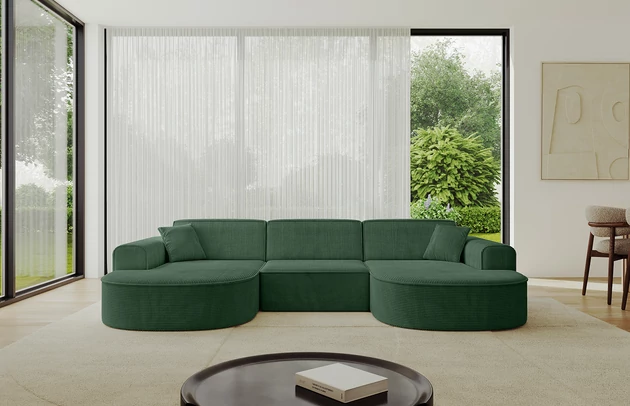 Bezug: Cord, Farbe: Grün - Poso 14, Stellvariante: U-Form, Stoffbeschreibung: POSO ist ein angenehm anzufühlender Velours mit Kordstruktur (35000 MartindaleZyklen) und leicht zu reinigender Möbellstoff, lichtecht (5) und pillingarm (5), Gewicht 380 g/m2 ±5%, Materialzusammensetzung: 90% Polyseter, 10% Nylon, Pilling Resistenz: 5, Abriebfestigkeit: 5, Scheuerbeständigkeit: 30000 Martindale-Zyklen, Ausstattung: Kissen, Zimmer: Wohnzimmer, Tiefe: 171 cm, Breite: 303 cm, Höhe: 79,5 cm, Anzahl der Sitzflächen: 4, Sitzfüllung: Wellenfeder + HR35 und T30-Schaum, Art der Rückenkissen: Rückenlehne - feste, Annzahl der Sitzkissen: 3, Anzahl der Zierkissen: 2, Breite der Armlehnen: 20 cm, Höhe der Armlehnen: 58 cm, Breite der Ottomane: 109 cm, Tiefe der Ottomane: 151 cm, Tiefe der Sitzfläche: 62 cm, Sitzhöhe: 43,5 cm, Schlaffunktion: Ohne Schlaffunktion - 1