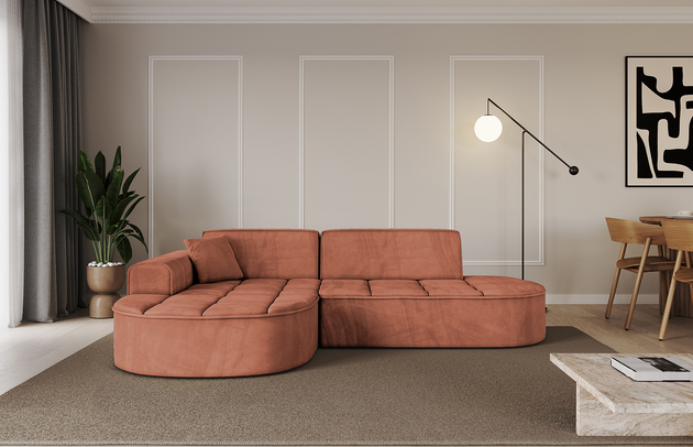 Bezug: Samt, Farbe: Apricot - Dream Velvet 202.07, Stellvariante: Ottomane Links, Stoffbeschreibung: Polsterstoff Dream Velvet: Wasserabweisender und leicht zu reinigender Möbelstoff, scheuerfest (30.000 Martindale-Zyklen) lichtecht (6) und pillingarm (4-5), aus 100 % PES, Gewicht 360 g/m2 ±5 %, Materialzusammensetzung: 100% Polyseter, Pilling Resistenz: 4.maj, Abriebfestigkeit: 5, Scheuerbeständigkeit: 30000 Martindale-Zyklen, Ausstattung: Zierkissen, Zimmer: Wohnzimmer, Tiefe: 171 cm, Breite: 243 cm, Höhe: 79,5 cm, Anzahl der Sitzflächen: 3, Sitzfüllung: Wellenfeder + HR35 und T30-Schaum, Art der Rückenkissen: Rückenlehne - feste, Annzahl der Sitzkissen: 2, Anzahl der Zierkissen: 1, Breite der Armlehnen: 20 cm, Höhe der Armlehnen: 58 cm, Breite der Ottomane: 109 cm, Tiefe der Ottomane: 151 cm, Tiefe der Sitzfläche: 62 cm, Sitzhöhe: 43,5 cm, Schlaffunktion: Ohne Schlaffunktion - 1