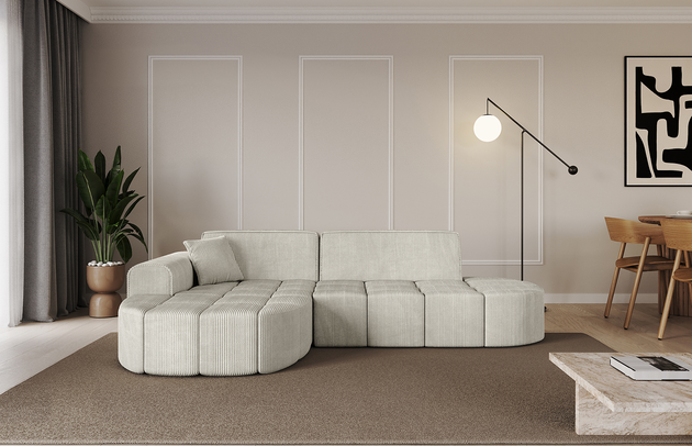 Bezug: Cord, Farbe: Cremeweiß - Poso 100, Stellvariante: Ottomane Links, Stoffbeschreibung: POSO ist ein angenehm anzufühlender Velours mit Kordstruktur (35000 MartindaleZyklen) und leicht zu reinigender Möbellstoff, lichtecht (5) und pillingarm (5), Gewicht 380 g/m2 ±5%, Materialzusammensetzung: 90% Polyseter, 10% Nylon, Pilling Resistenz: 5, Abriebfestigkeit: 5, Scheuerbeständigkeit: 30000 Martindale-Zyklen, Ausstattung: Kissen, Zimmer: Wohnzimmer, Tiefe: 173 cm, Breite: 252 cm, Höhe: 79,5 cm, Anzahl der Sitzflächen: 3, Sitzfüllung: Wellenfeder + HR35 und T30-Schaum, Art der Rückenkissen: Rückenlehne - feste, Annzahl der Sitzkissen: 2, Anzahl der Zierkissen: 1, Breite der Armlehnen: 28 cm, Höhe der Armlehnen: 58 cm, Breite der Ottomane: 115 cm, Tiefe der Ottomane: 151 cm, Tiefe der Sitzfläche: 62 cm, Sitzhöhe: 43,5 cm, Schlaffunktion: Ohne Schlaffunktion - 1