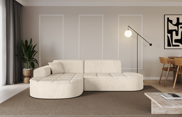 Bezug: Cord, Farbe: Beige - Poso 105, Stellvariante: Ottomane Links, Stoffbeschreibung: POSO ist ein angenehm anzufühlender Velours mit Kordstruktur (35000 MartindaleZyklen) und leicht zu reinigender Möbellstoff, lichtecht (5) und pillingarm (5), Gewicht 380 g/m2 ±5%, Materialzusammensetzung: 90% Polyseter, 10% Nylon, Pilling Resistenz: 5, Abriebfestigkeit: 4, Scheuerbeständigkeit: 30000 Martindale-Zyklen, Ausstattung: Zierkissen, Zimmer: Wohnzimmer, Tiefe: 171 cm, Breite: 243 cm, Höhe: 79,5 cm, Anzahl der Sitzflächen: 3, Sitzfüllung: Wellenfeder + HR35 und T30-Schaum, Art der Rückenkissen: Rückenlehne - feste, Annzahl der Sitzkissen: 2, Anzahl der Zierkissen: 1, Breite der Armlehnen: 20 cm, Höhe der Armlehnen: 58 cm, Breite der Ottomane: 109 cm, Tiefe der Ottomane: 151 cm, Tiefe der Sitzfläche: 62 cm, Sitzhöhe: 43,5 cm, Schlaffunktion: Ohne Schlaffunktion - 1