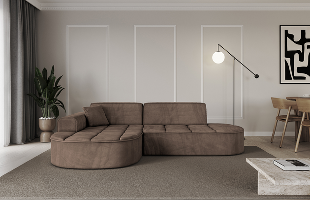 Bezug: Samt, Farbe: Braun - Dream Velvet 202.37, Stellvariante: Ottomane Links, Stoffbeschreibung: Polsterstoff Dream Velvet: Wasserabweisender und leicht zu reinigender Möbelstoff, scheuerfest (30.000 Martindale-Zyklen) lichtecht (6) und pillingarm (4-5), aus 100 % PES, Gewicht 360 g/m2 ±5 %, Materialzusammensetzung: 100% Polyseter, Pilling Resistenz: 4.maj, Abriebfestigkeit: 5, Scheuerbeständigkeit: 30000 Martindale-Zyklen, Ausstattung: Zierkissen, Zimmer: Wohnzimmer, Tiefe: 171 cm, Breite: 243 cm, Höhe: 79,5 cm, Anzahl der Sitzflächen: 3, Sitzfüllung: Wellenfeder + HR35 und T30-Schaum, Art der Rückenkissen: Rückenlehne - feste, Annzahl der Sitzkissen: 2, Anzahl der Zierkissen: 1, Breite der Armlehnen: 20 cm, Höhe der Armlehnen: 58 cm, Breite der Ottomane: 109 cm, Tiefe der Ottomane: 151 cm, Tiefe der Sitzfläche: 62 cm, Sitzhöhe: 43,5 cm, Schlaffunktion: Ohne Schlaffunktion - 1