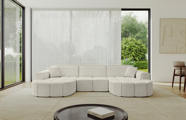 Bezug: Cord, Farbe: Cremeweiß - Poso 100, Stellvariante: U-Form, Stoffbeschreibung: POSO ist ein angenehm anzufühlender Velours mit Kordstruktur (35000 MartindaleZyklen) und leicht zu reinigender Möbellstoff, lichtecht (5) und pillingarm (5), Gewicht 380 g/m2 ±5%, Materialzusammensetzung: 90% Polyseter, 10% Nylon, Pilling Resistenz: 5, Abriebfestigkeit: 5, Scheuerbeständigkeit: 30000 Martindale-Zyklen, Ausstattung: Kissen, Zimmer: Wohnzimmer, Tiefe: 173 cm, Breite: 315 cm, Höhe: 79,5 cm, Anzahl der Sitzflächen: 4, Sitzfüllung: Wellenfeder + HR35 und T30-Schaum, Art der Rückenkissen: Rückenlehne - feste, Annzahl der Sitzkissen: 3, Anzahl der Zierkissen: 2, Breite der Armlehnen: 28 cm, Höhe der Armlehnen: 58 cm, Breite der Ottomane: 115 cm, Tiefe der Ottomane: 151 cm, Tiefe der Sitzfläche: 62 cm, Sitzhöhe: 43,5 cm, Schlaffunktion: Ohne Schlaffunktion - 1