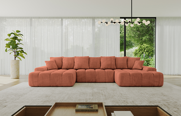 Bezug: Samt, Farbe: Apricot - Dream Velvet 202.07, Stellvariante: U-Form, Stoffbeschreibung: Polsterstoff Dream Velvet: Wasserabweisender und leicht zu reinigender Möbelstoff, scheuerfest (30.000 Martindale-Zyklen) lichtecht (6) und pillingarm (4-5), aus 100 % PES, Gewicht 360 g/m2 ±5 %, Materialzusammensetzung: 100% Polyseter, Pilling Resistenz: 4, Abriebfestigkeit: 5, Scheuerbeständigkeit: 100000 Martindale-Zyklen, Zimmer: Wohnzimmer, Tiefe: 164 cm, Breite: 353 cm, Höhe: 69 cm, Länge der Schlaffläche: 297 cm, Breite der Schlaffläche: 119 cm, Liegehöhe: 38 cm, Anzahl der Sitzflächen: 6, Sitzfüllung: Wellenfeder + HR35 und T30-Schaum, Anzahl der Rückenkissen: 7, Art der Rückenkissen: Rückenkissen, Annzahl der Sitzkissen: 3, Anzahl der Zierkissen: 2, Material der Füße: Kunststoff, Höhe der Füße: 1 cm, Farbe der Füße: Schwarz, Breite der Armlehnen: 25 cm, Breite der Ottomane: 111 cm, Tiefe der Ottomane: 125 cm, Tiefe der Sitzfläche: 47 cm, Sitzhöhe: 38 cm, Art des Stauraumes: Innenfach geschlossen, Schlaffunktion: Mit Schlaffunktion - 1