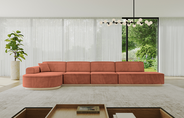 Bezug: Samt, Farbe: Apricot - Dream Velvet 202.07, Stellvariante: Ottomane Links, Stoffbeschreibung: Polsterstoff Dream Velvet: Wasserabweisender und leicht zu reinigender Möbelstoff, scheuerfest (30.000 Martindale-Zyklen) lichtecht (6) und pillingarm (4-5), aus 100 % PES, Gewicht 360 g/m2 ±5 %, Materialzusammensetzung: 100% Polyseter, Pilling Resistenz: 4, Abriebfestigkeit: 5, Scheuerbeständigkeit: 100000 Martindale-Zyklen, Zimmer: Wohnzimmer, Tiefe: 171 cm, Breite: 413 cm, Höhe: 83 cm, Anzahl der Sitzflächen: 4, Sitzfüllung: Wellenfeder + HR35 und T30-Schaum, Art der Rückenkissen: Rückenlehne - feste, Annzahl der Sitzkissen: 2, Anzahl der Zierkissen: 1, Tiefe der Armlehnen: 82 cm, Breite der Armlehnen: 20 cm, Höhe der Armlehnen: 58 cm, Breite der Ottomane: 109 cm, Tiefe der Ottomane: 151 cm, Tiefe der Sitzfläche: 62 cm, Sitzhöhe: 47 cm, Schlaffunktion: Ohne Schlaffunktion - 1