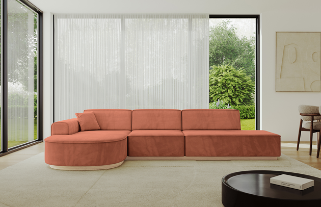 Bezug: Samt, Farbe: Apricot - Dream Velvet 202.07, Stellvariante: Ottomane Links, Stoffbeschreibung: Polsterstoff Dream Velvet: Wasserabweisender und leicht zu reinigender Möbelstoff, scheuerfest (30.000 Martindale-Zyklen) lichtecht (6) und pillingarm (4-5), aus 100 % PES, Gewicht 360 g/m2 ±5 %, Materialzusammensetzung: 100% Polyseter, Pilling Resistenz: 4, Abriebfestigkeit: 5, Scheuerbeständigkeit: 100000 Martindale-Zyklen, Zimmer: Wohnzimmer, Tiefe: 171 cm, Breite: 328 cm, Höhe: 83 cm, Anzahl der Sitzflächen: 4, Sitzfüllung: Wellenfeder + HR35 und T30-Schaum, Art der Rückenkissen: Rückenlehne - feste, Annzahl der Sitzkissen: 2, Anzahl der Zierkissen: 1, Tiefe der Armlehnen: 82 cm, Breite der Armlehnen: 20 cm, Höhe der Armlehnen: 58 cm, Breite der Ottomane: 109 cm, Tiefe der Ottomane: 151 cm, Tiefe der Sitzfläche: 62 cm, Sitzhöhe: 47 cm, Schlaffunktion: Ohne Schlaffunktion - 1