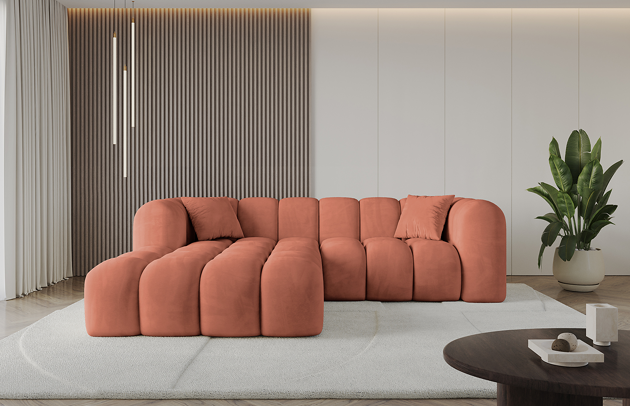 Bezug: Samt, Farbe: Apricot - Dream Velvet 202.07, Stellvariante: Ottomane Links, Stoffbeschreibung: Polsterstoff Dream Velvet: Wasserabweisender und leicht zu reinigender Möbelstoff, scheuerfest (30.000 Martindale-Zyklen) lichtecht(6), pillingarm(4-5), 100 % PES, 360 g/m2±5%, Materialzusammensetzung: 100% Polyseter, Pilling Resistenz: 5, Abriebfestigkeit: 5, Scheuerbeständigkeit: 30000 Martindale-Zyklen, Ausstattung: Kissen, Zimmer: Wohnzimmer, Tiefe: 173 cm, Breite: 231 cm, Höhe: 74 cm, Anzahl der Sitzflächen: 5, Sitzfüllung: Wellenfeder + HR35 und T30-Schaum, Art der Rückenkissen: Rückenlehne - feste, Annzahl der Sitzkissen: 2, Anzahl der Zierkissen: 2, Tiefe der Armlehnen: 88 cm, Breite der Armlehnen: 29 cm, Höhe der Armlehnen: 74 cm, Breite der Ottomane: 119 cm, Tiefe der Ottomane: 150 cm, Tiefe der Sitzfläche: 65 cm, Sitzhöhe: 44 cm - 1