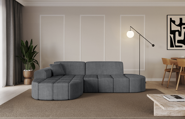 Bezug: Cord, Farbe: Dunkelgrau - Poso 115, Stellvariante: Ottomane Links, Stoffbeschreibung: POSO ist ein angenehm anzufühlender Velours mit Kordstruktur (35000 MartindaleZyklen) und leicht zu reinigender Möbellstoff, lichtecht (5) und pillingarm (5), Gewicht 380 g/m2 ±5%, Materialzusammensetzung: 90% Polyseter, 10% Nylon, Pilling Resistenz: 5, Abriebfestigkeit: 5, Scheuerbeständigkeit: 30000 Martindale-Zyklen, Ausstattung: Kissen, Zimmer: Wohnzimmer, Tiefe: 173 cm, Breite: 252 cm, Höhe: 79,5 cm, Anzahl der Sitzflächen: 3, Sitzfüllung: Wellenfeder + HR35 und T30-Schaum, Art der Rückenkissen: Rückenlehne - feste, Annzahl der Sitzkissen: 2, Anzahl der Zierkissen: 1, Breite der Armlehnen: 28 cm, Höhe der Armlehnen: 58 cm, Breite der Ottomane: 115 cm, Tiefe der Ottomane: 151 cm, Tiefe der Sitzfläche: 62 cm, Sitzhöhe: 43,5 cm, Schlaffunktion: Ohne Schlaffunktion - 1