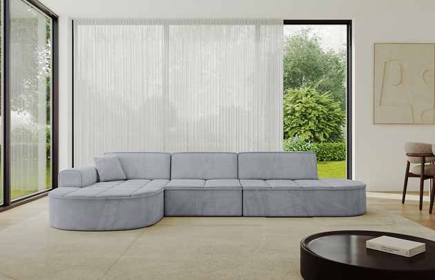 Bezug: Samt, Farbe: Hellgrau - Dream Velvet 202.17, Stellvariante: Ottomane Links, Stoffbeschreibung: Polsterstoff Dream Velvet: Wasserabweisender und leicht zu reinigender Möbelstoff, scheuerfest (30.000 Martindale-Zyklen) lichtecht (6) und pillingarm (4-5), aus 100 % PES, Gewicht 360 g/m2 ±5 %, Materialzusammensetzung: 100% Polyseter, Pilling Resistenz: 4.maj, Abriebfestigkeit: 5, Scheuerbeständigkeit: 30000 Martindale-Zyklen, Ausstattung: Zierkissen, Zimmer: Wohnzimmer, Tiefe: 171 cm, Breite: 328 cm, Höhe: 79,5 cm, Anzahl der Sitzflächen: 4, Sitzfüllung: Wellenfeder + HR35 und T30-Schaum, Art der Rückenkissen: Rückenlehne - feste, Annzahl der Sitzkissen: 3, Anzahl der Zierkissen: 1, Breite der Armlehnen: 20 cm, Höhe der Armlehnen: 58 cm, Breite der Ottomane: 109 cm, Tiefe der Ottomane: 151 cm, Tiefe der Sitzfläche: 62 cm, Sitzhöhe: 43,5 cm, Schlaffunktion: Ohne Schlaffunktion - 1
