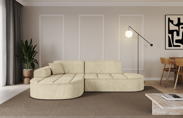 Bezug: Samt, Farbe: Beige - Dream Velvet 202.02, Stellvariante: Ottomane Links, Stoffbeschreibung: Polsterstoff Dream Velvet: Wasserabweisender und leicht zu reinigender Möbelstoff, scheuerfest (30.000 Martindale-Zyklen) lichtecht (6) und pillingarm (4-5), aus 100 % PES, Gewicht 360 g/m2 ±5 %, Materialzusammensetzung: 100% Polyseter, Pilling Resistenz: 4.maj, Abriebfestigkeit: 5, Scheuerbeständigkeit: 30000 Martindale-Zyklen, Ausstattung: Zierkissen, Zimmer: Wohnzimmer, Tiefe: 171 cm, Breite: 243 cm, Höhe: 79,5 cm, Anzahl der Sitzflächen: 3, Sitzfüllung: Wellenfeder + HR35 und T30-Schaum, Art der Rückenkissen: Rückenlehne - feste, Annzahl der Sitzkissen: 2, Anzahl der Zierkissen: 1, Breite der Armlehnen: 20 cm, Höhe der Armlehnen: 58 cm, Breite der Ottomane: 109 cm, Tiefe der Ottomane: 151 cm, Tiefe der Sitzfläche: 62 cm, Sitzhöhe: 43,5 cm, Schlaffunktion: Ohne Schlaffunktion - 1